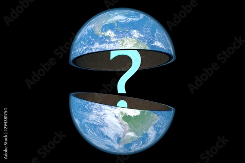 3D illustration: planet earth with a blue glow is divided into two halves with a question mark symbol inside. Black background isolated.