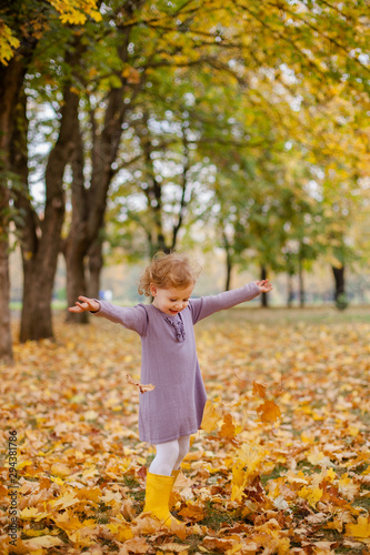 little laughing pretty girl with blond hair in red purple dress throws yellow leaves in autumn park.