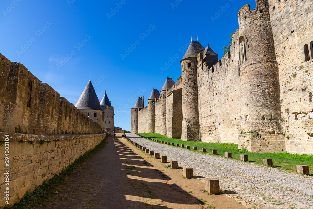 View between the walls of the medieval old town of Carcassonne in France
