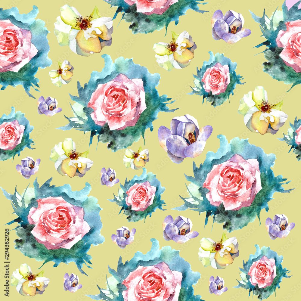 Floral watercolor seamless pattern with roses .