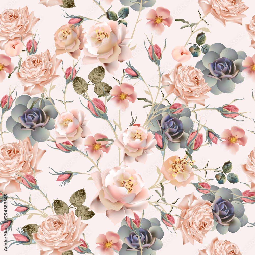 Beautiful floral vintage pattern with pastel pink and beige rose flowers
