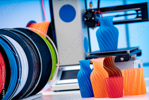 3D Printer Plastic filament for 3D printer and printed products in the interior of the design office