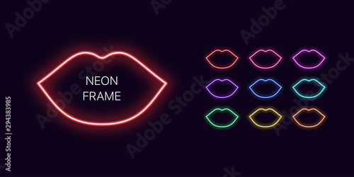 Neon monochrome Woman lips Border with copy space. Templates set