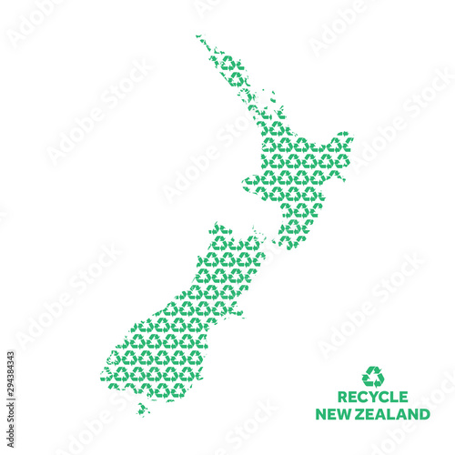 New Zealand map made from recycling symbol. Environmental concept