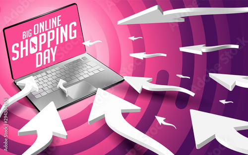 Web scroll arrows moving to the laptop notebook inside Big Online Shopping Day labels. 11.11, Christmas and Black Friday vector EPS.
