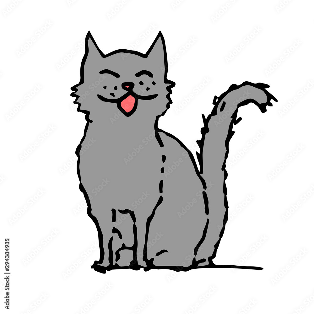 Cat smiling, singing and sitting. Colorful outline on white background. Picture can be used in greeting cards, posters, flyers, banners, logo, further design etc. Vector illustration. EPS10