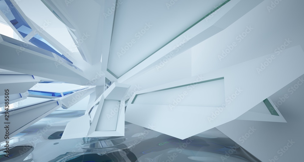 Fototapeta Abstract architectural white and glass gradient color interior of a minimalist house with water. 3D illustration and rendering.