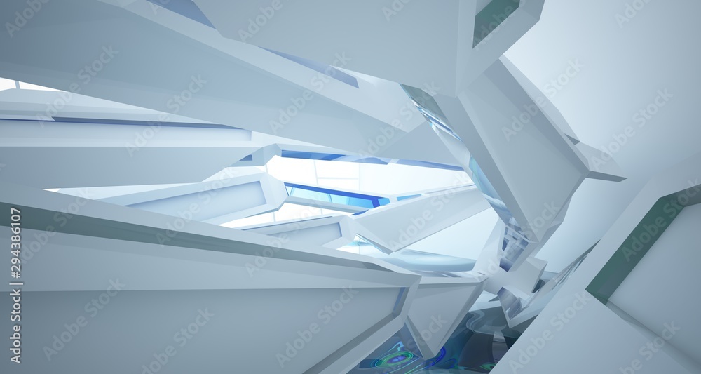 Fototapeta Abstract architectural white and glass gradient color interior of a minimalist house with water. 3D illustration and rendering.