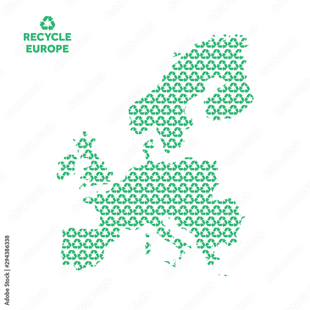 Europe map made from recycling symbol. Environmental concept