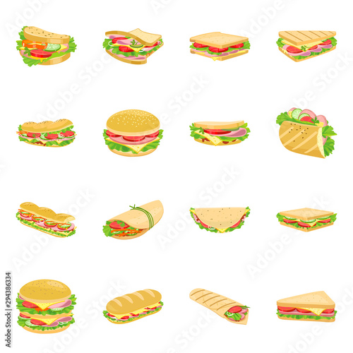 Vector illustration of sandwich and fastfood sign. Set of sandwich and lunch stock symbol for web.