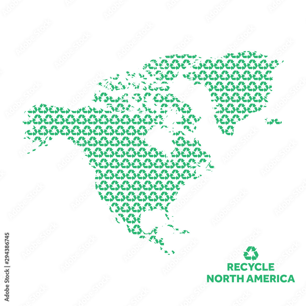 Fototapeta premium North America map made from recycling symbol. Environmental concept