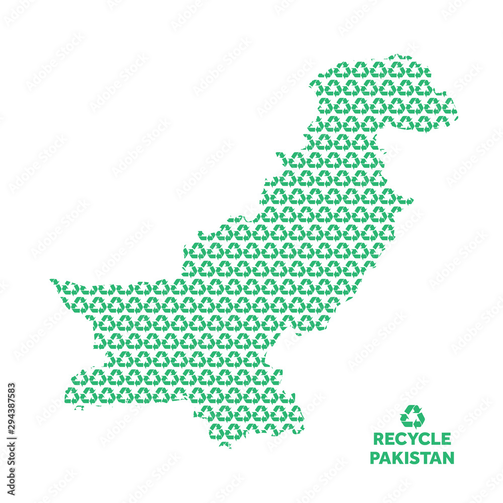 Fototapeta premium Pakistan map made from recycling symbol. Environmental concept