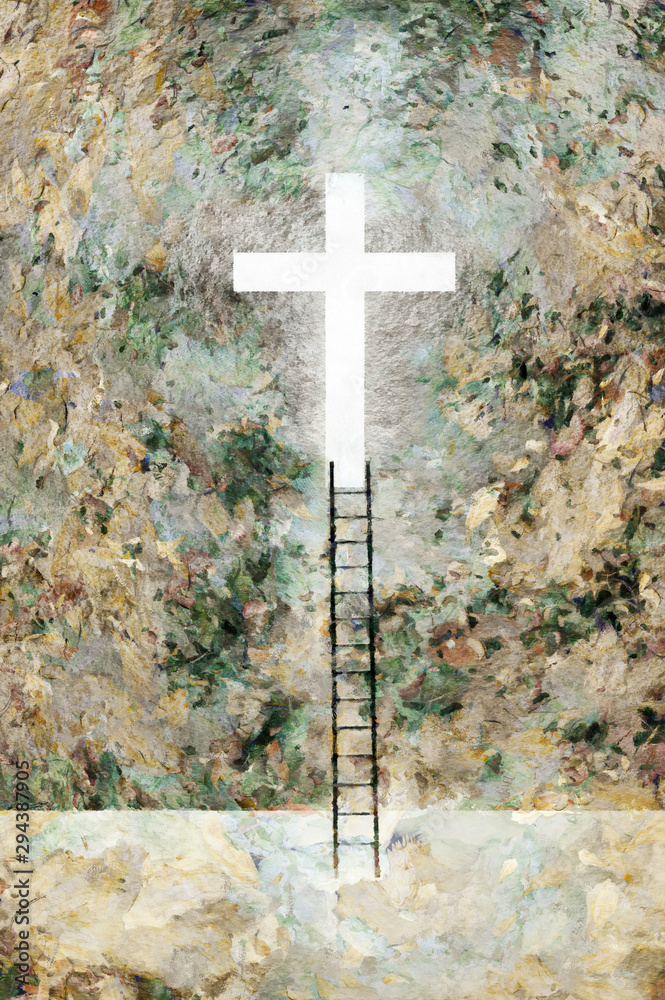 Ladder to the God. Shining cross. Digital painting