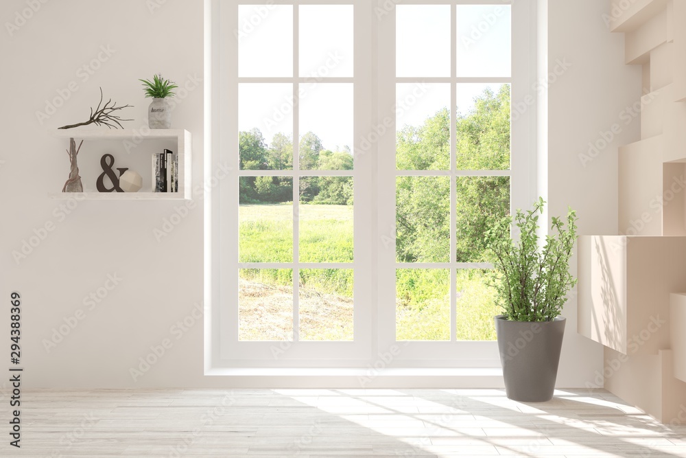 Fototapeta premium Stylish empty room in white color with summer landscape in window. Scandinavian interior design. 3D illustration