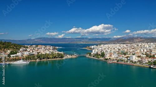 Aerial photo of famous seaside town of Halkida with beautiful clouds and deep blue sky  Evia island  Greece