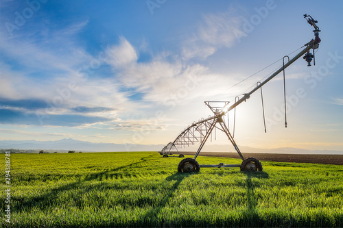 Bright sunshine highlights the irrigation sprinkler and green farmland with the rocky mountains and blue sky beyond photo