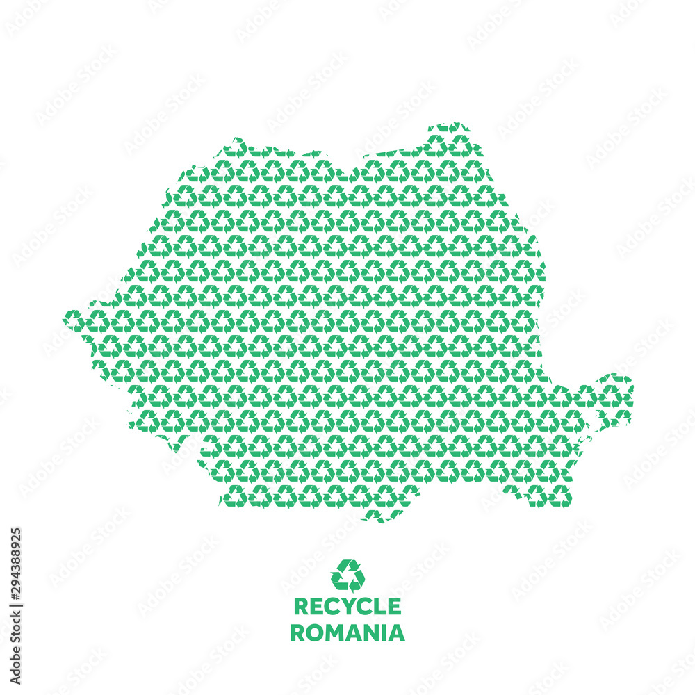 Romania map made from recycling symbol. Environmental concept