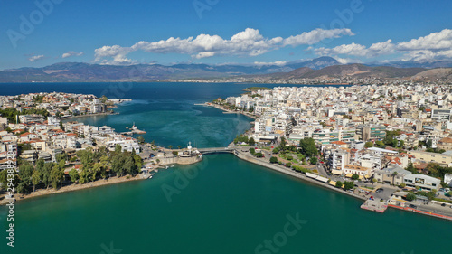 Aerial top view photo of famous old steel bridge of Halkida or Chalkida connecting mainland with Evia island, Greece © aerial-drone