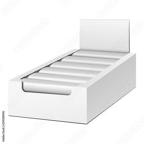 Mockup Display Holder Box Cardboard Filled Blank Empty. Chocolate, Protein Bar. Mock Up, Template. Products On White Background Isolated. Ready For Your Design. Mockup Product Packing. Vector EPS10