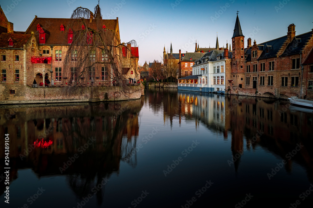 Sunset in the most tourist places of Bruges, Belgium