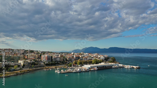 Aerial photo of famous seaside town of Halkida with beautiful clouds and deep blue sky  Evia island  Greece