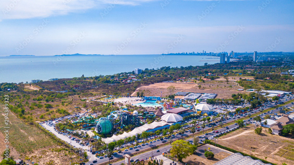 Aerial view of Cartoon network waterpark located in Pattaya city, Thailand