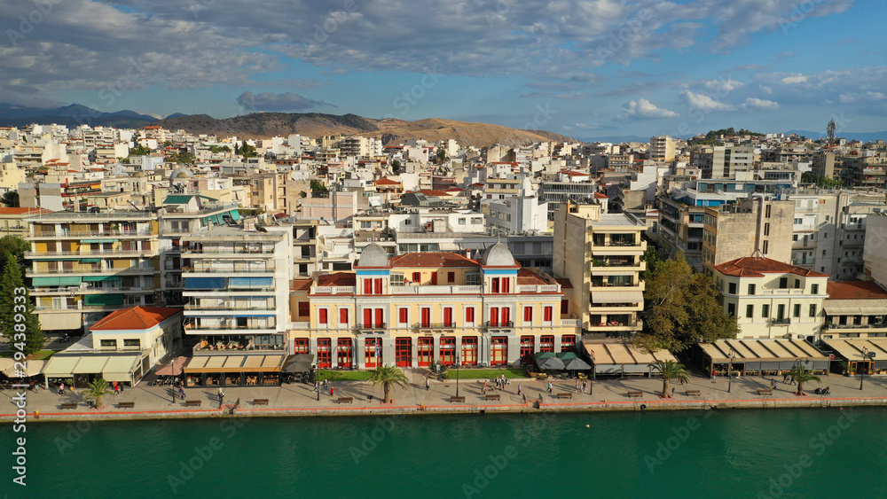 Aerial photo of neoclassic building in famous seaside promenade in town of Halkida or Chalkida, Evia island, Greece
