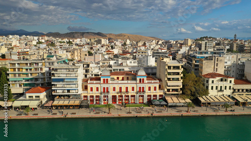 Fototapeta Naklejka Na Ścianę i Meble -  Aerial photo of neoclassic building in famous seaside promenade in town of Halkida or Chalkida, Evia island, Greece