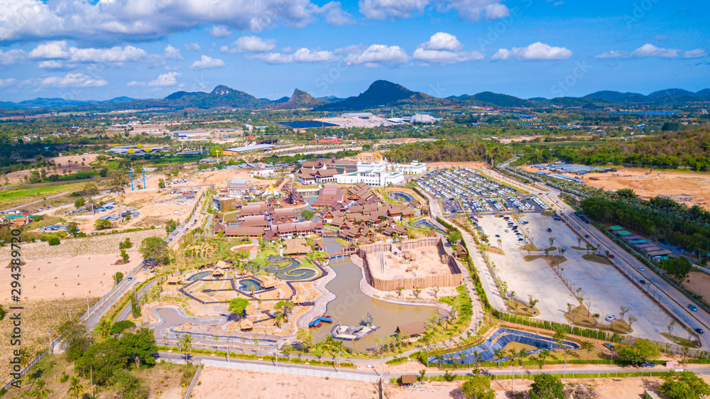Aerial view of Legend Siam is new Thai traditional culture park located in Pattaya, Thailand.