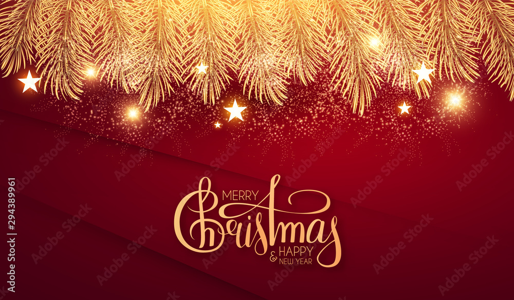 Merry Christmas Shining holiday background with lettering, gold fir tree branches, stars and lights.