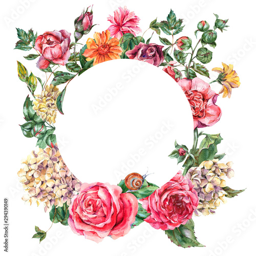 Watercolor Vintage Floral Round Frame with Pink Roses, Hydrangea, Snail and Wild Flowers, Botanical Greeting Card