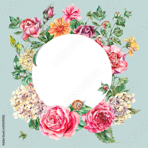 Watercolor Vintage Floral Round Frame with Pink Roses, Hydrangea, Snail and Wild Flowers, Botanical Greeting Card