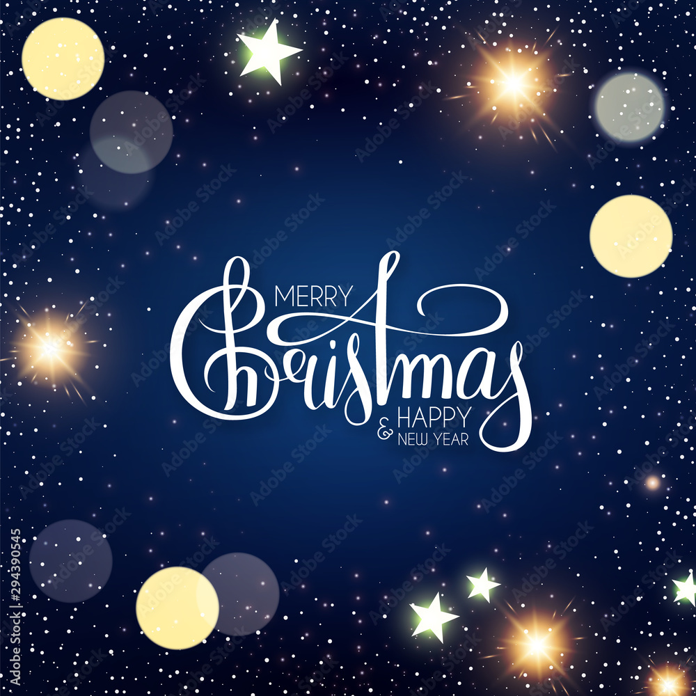 Fototapeta premium Merry Christmas Shining holiday background with lettering, flash light, snow and bokeh effect.