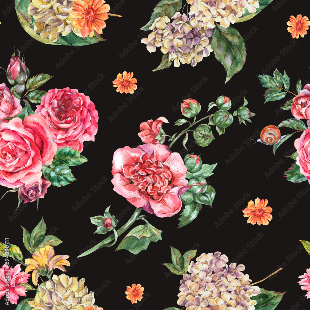custom made wallpaper toronto digitalWatercolor Vintage Floral Seamless Pattern, Bouquet with Pink Roses, Hydrangea, Snail and Wild Flowers