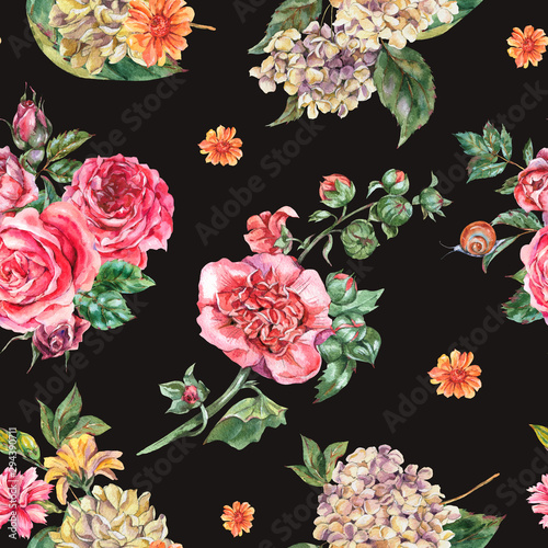 Wallpaper Mural Watercolor Vintage Floral Seamless Pattern, Bouquet with Pink Roses, Hydrangea, Snail and Wild Flowers Torontodigital.ca