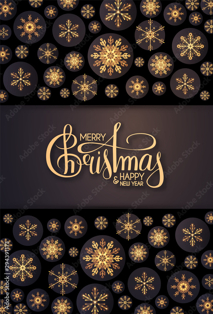 Merry Christmas Elegant holiday design with lettering and gold shining snowflakes. Merry Christmas Elegant holiday design with lettering and gold shining snowflakes.