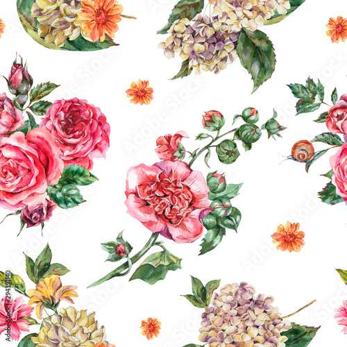 Watercolor Vintage Floral Seamless Pattern, Bouquet with Pink Roses, Hydrangea, Snail and Wild Flowers