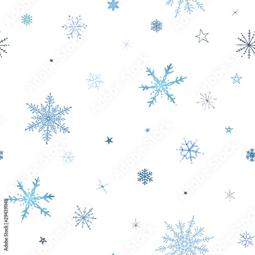 Christmas winter seamless pattern with colorful fluttering snowflakes and stars on white background. Vector abstract illustration in vintage watercolor style.