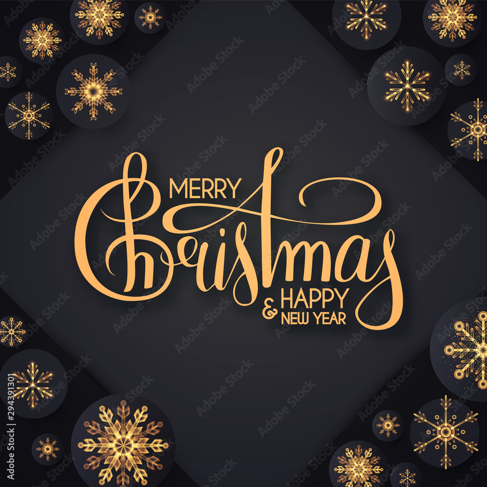 Merry Christmas Elegant holiday design with lettering and gold shining snowflakes.