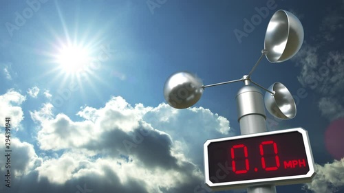 Wind speed measuring device anemometer shows 0 mph. Weather forecast related 3D animation photo