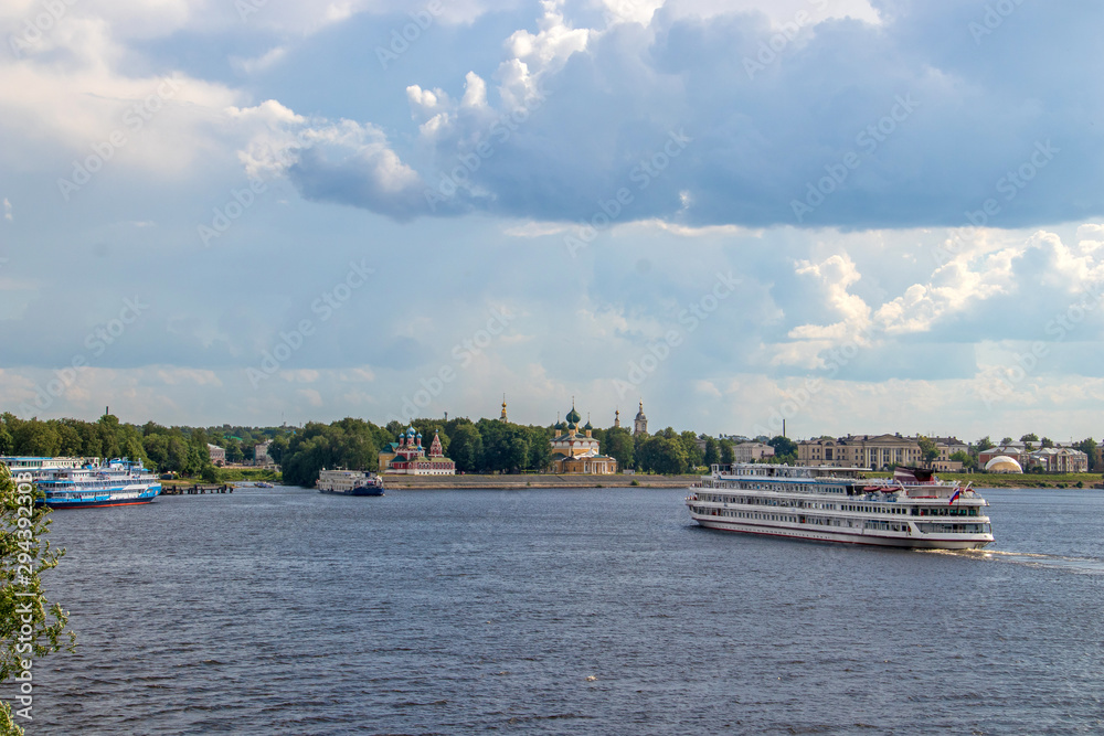 Uglich. Yaroslavl region. View of the Uglich Kremlin and the Volga river. The Church of St. Dimitry on the blood, Transfiguration Cathedral. Cruise ships berthed