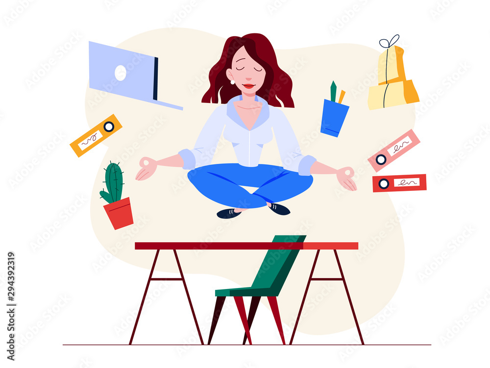 Office worker in yoga pose. Meditation on the work Office worker in yoga pose. Meditation on the work