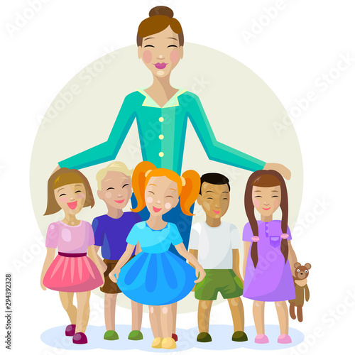 Children and the teacher. Vector cartoon illustration.