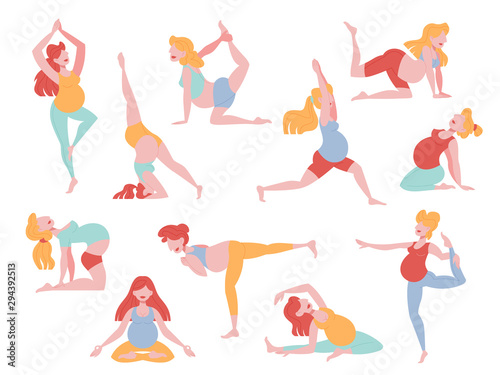 Set of pregnant woman doing yoga exercise.