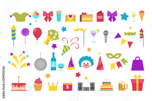 Birthday icon set. Gift package and sweet dessert, candle