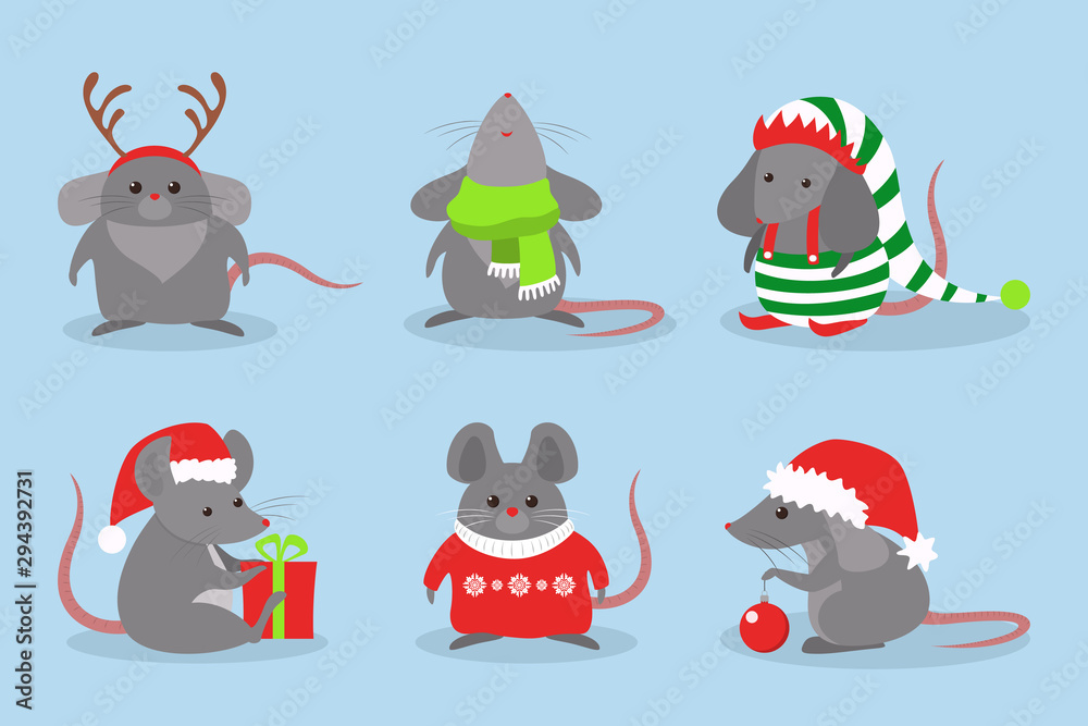 Cute christmas rat set. Animal character in Santa Claus hat.