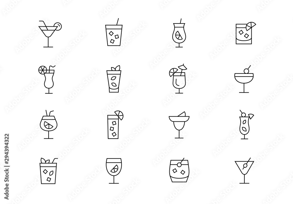 Cocktails thin line vector icons. Editable stroke