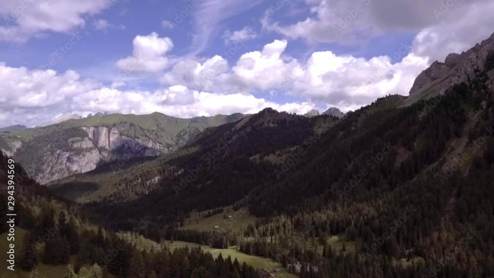 Monzoni Valley aerial shot, mountains in val di Fassa, Italian dolomites
