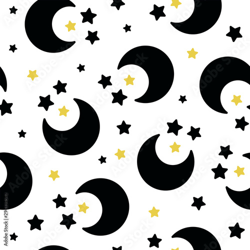 Holiday background, seamless vector pattern with stars and the moons. Can be used as decoration for the gift boxes, fabric, textile, wallpapers, backgrounds, web sites.