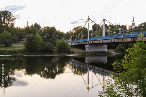 the cable-stayed bridge to Damansky island in Yaroslavl. Beautiful summer day in a beautiful Park